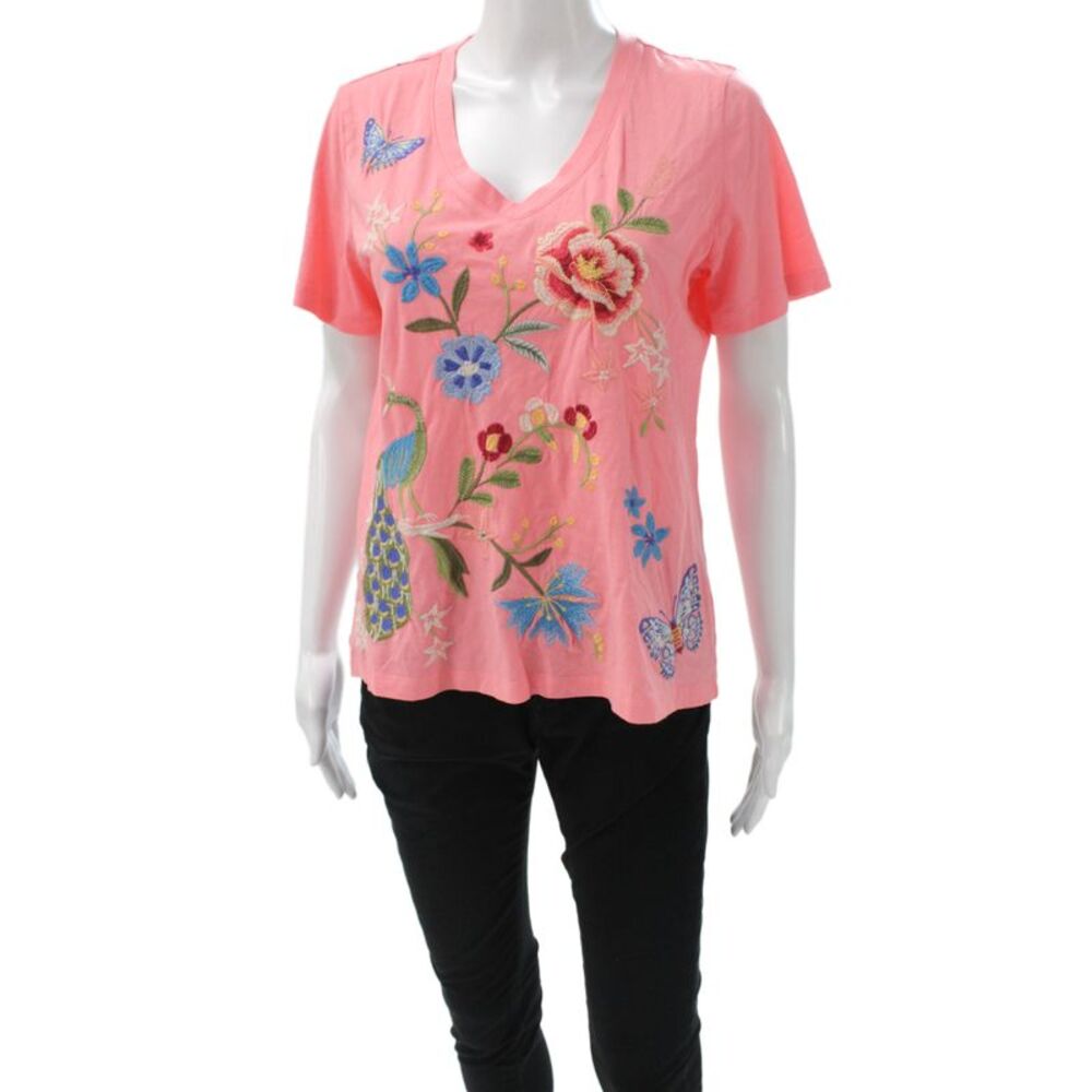 Johnny Was Womens Pink Floral V-Neck Short-Sleeve T-Shirt Size S